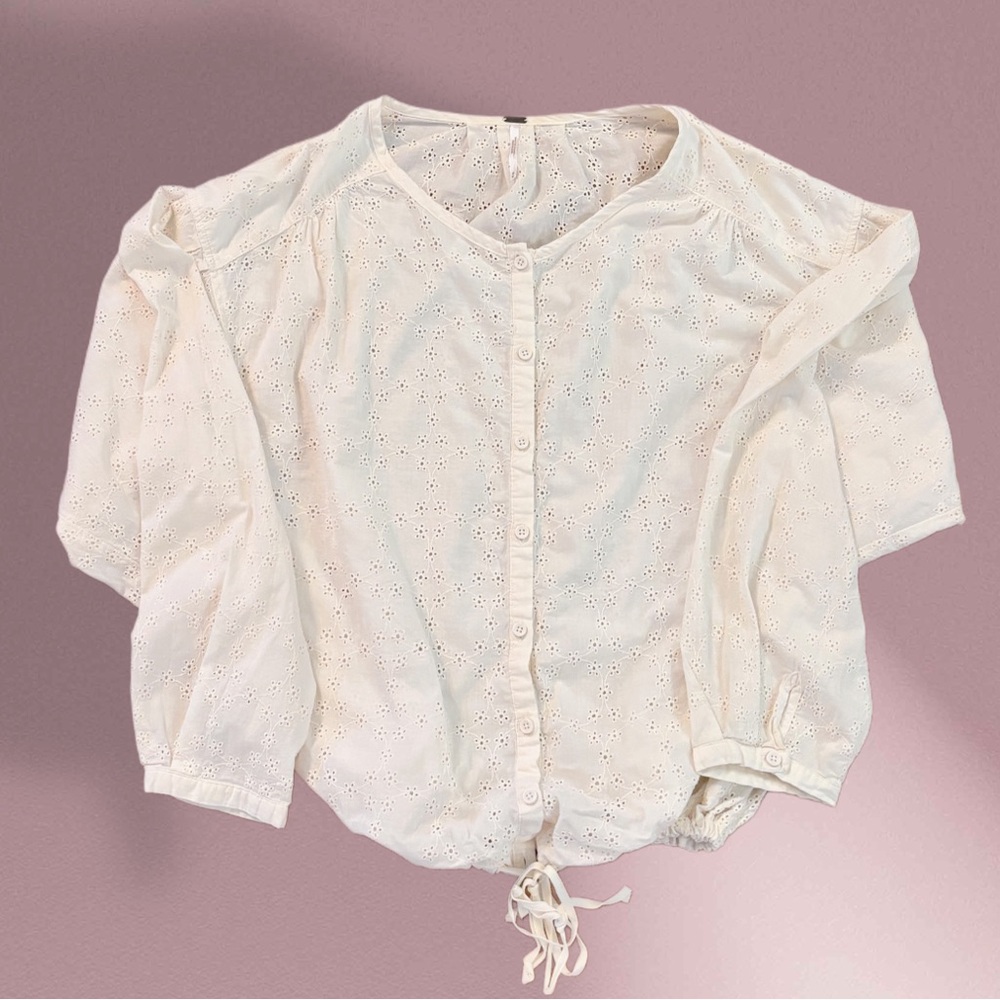 Free People Cream Top Medium Eyelet Lace Drawstring Button Blouse Bohemian (M)
